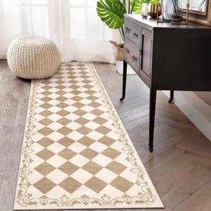 Beeiva Checkered Runner Rug for Hallway 2.5x8 Non Slip Washable Runner Rug for Kitchen 2.5x8, Beige Neutral Bathroom Home Decor Plaid Diamond Low Pile Print Carpet for Entryway Bedroom Laundry