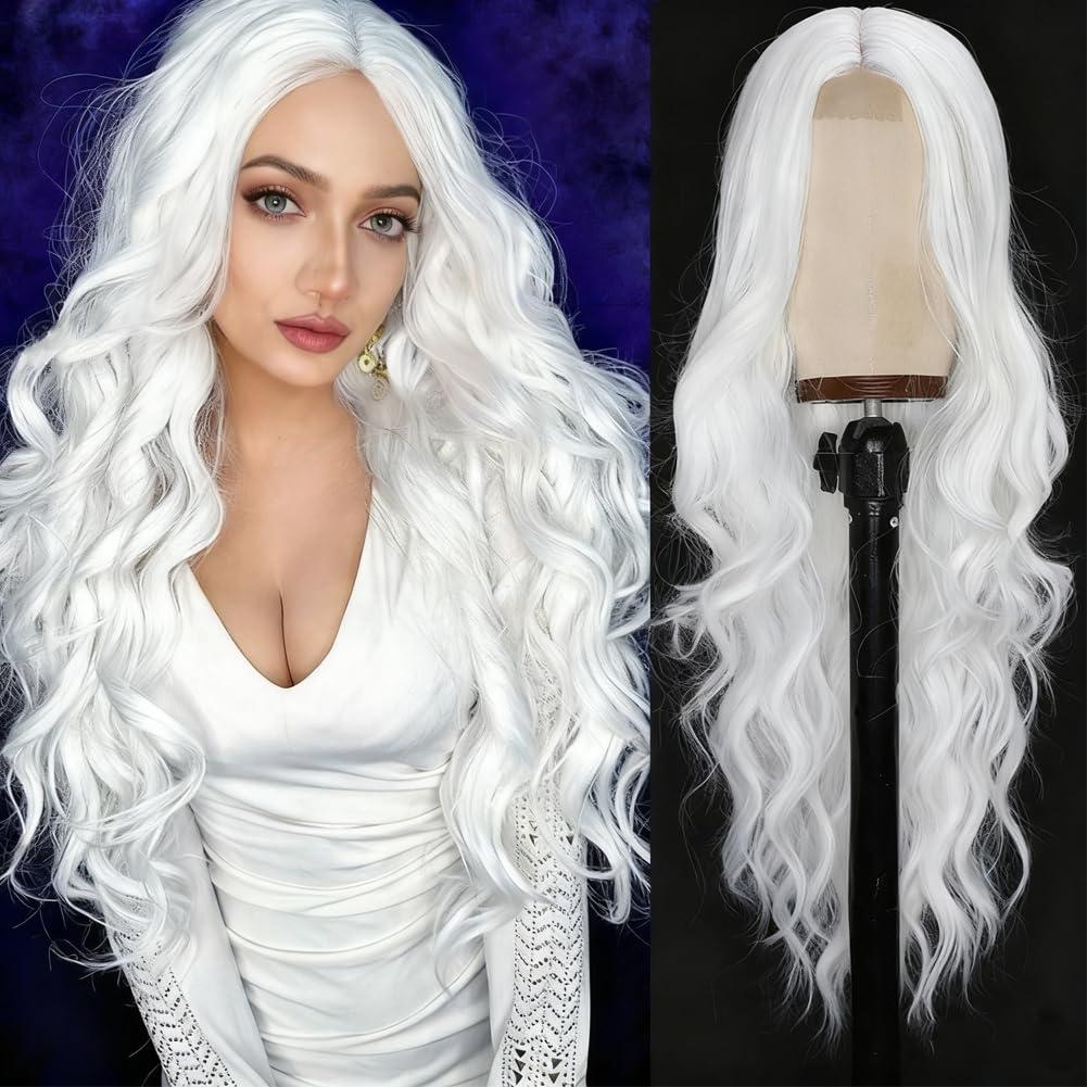Colorful Queen White Wigs for Women 26 Inch White Long Wavy Wig Middle Part Glueless Lace Wig for Women Daily Party Use Halloween Cosplay