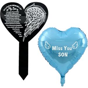 Heart Memorial Garden Stake, Cemetery Remembrance Plaque, Son Birthday Balloon Grave Marker, Outdoor Yard Decor Miss You Son Memorial Balloon Heart-Shaped