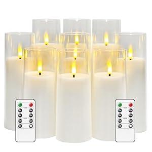 kakoya Flickering Flameless Candles Battery Operated with Remote and 2/ 4/ 6/ 8 H Timer Acrylic Led Pillar Candles Pack of 9 (appr D2.3"xH5.5"6.5"7.5")with Realistic 3D Wick Candles for Home Decor(White)