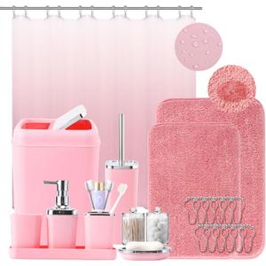 Bathroom Accessory SetBathroom Sets with Shower Curtain and Rugs, Non Slip Bathroom Rugs Super Absorbent, Pink Ombre Waterproof Shower Curtain with Hooks, Pink Bathroom Sets Complete for Home