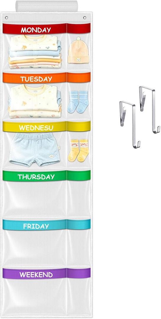 ABCKEY Weekly Kids Clothes Organizer,6-Shelf Hanging Closet Storage with Labels for Monday to Friday,Over the Door or Wall Mount for Home,Dorm,Bedroom (White)