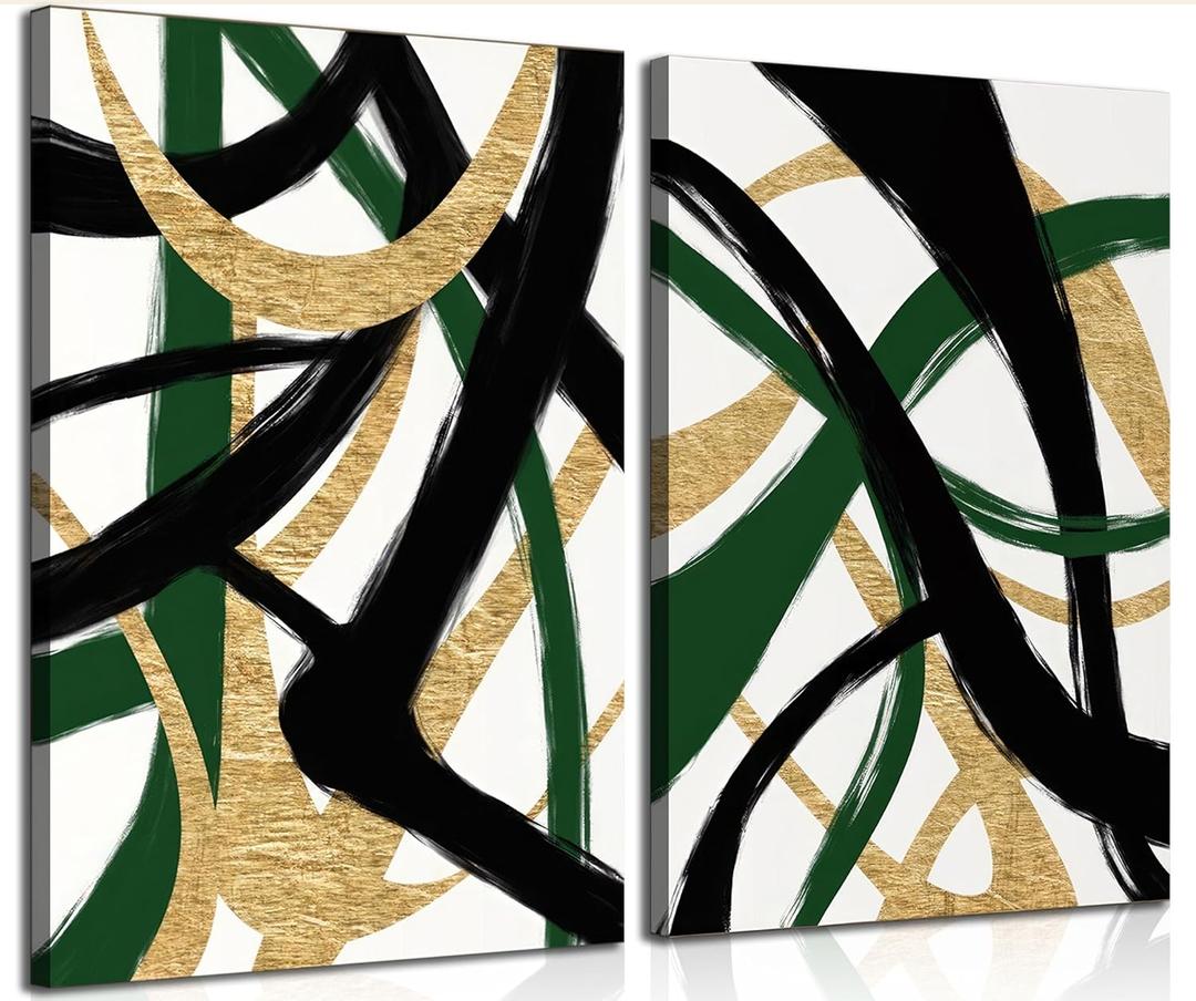 GKQNMU 2pcs Abstract Stripe Canvas Wall Art Modern Minimalist Geometry Wall Decoration Pictures Green Gold And Black Prints Posters Paintings for Living Room Bedroom Office Decoration Ready To Hang