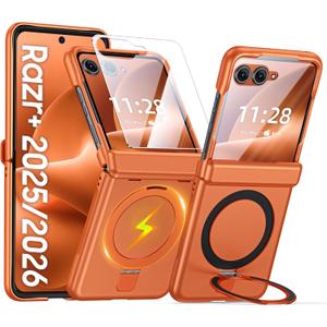CENMASO for Motorola Razr+ Plus 2026 Case with Hinge Protection & Built-in Screen Protector & Magnetic Ring Stand, Slim Lightweight Full-Body Shockproof Case for Moto Razr+ Plus 2026 Case-Orange