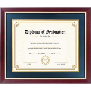 11x14 Diploma Frame with Navy over Gold Mat, 14x17 Certificate Frame, Real Wood with Gold Trim, Mahogany Frame with Arcylic