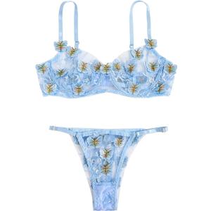 WDIRARA Women's 2 Piece Floral Embroidery Underwire Lingerie Set Mesh Bra and Panty Set Light Blue S