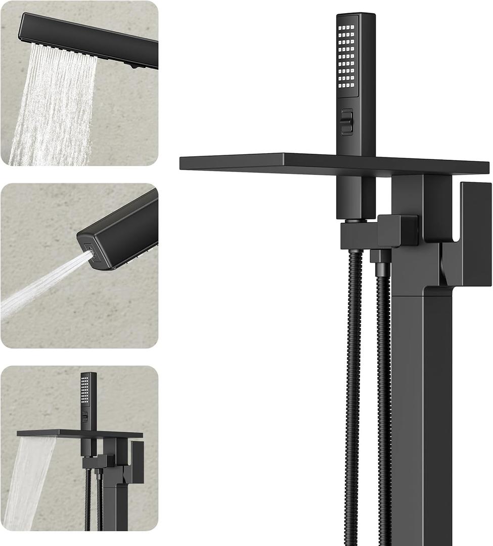 Freestanding Bathtub Faucet with Handheld Sprayer, Matte Black Floor Mount Tub Filler, High Flow Waterfall Brass Bath Shower Faucet for Modern Bathroom