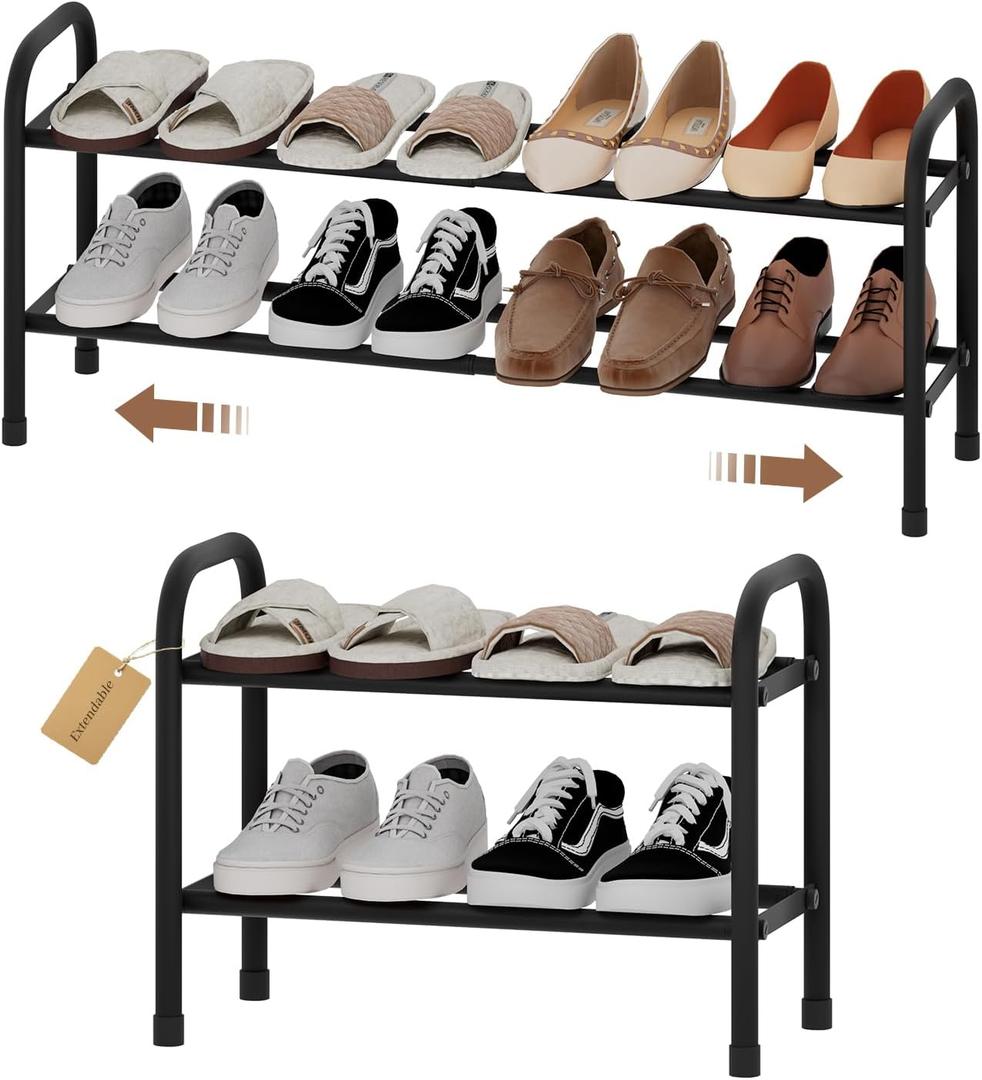 Expandable Shoe Rack, 2-Tier Metal Small Shoe Rack, Adjustable Shoes Organizer, Storage Shelf for Closet, Entryway, Black