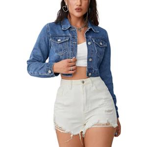 Cropped Jean Jacket for Women Long Sleeve Classic Casual Crop Top Denim Jackets Coat (Medium, Blue)