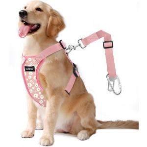 Dog Seat Belt, Safety Vest Dog Car Harness with Adjustable Buckle Dog Seat Belt for Vehicle Nylon Pet Safety Seat Belts Heavy Duty(L, Pink Daisy)