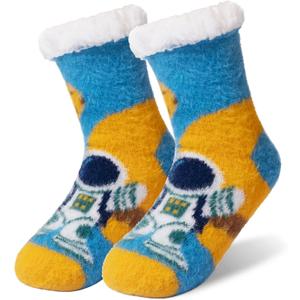 Kids Boys Fuzzy Slipper Socks Winter Soft Warm Thick Fleece Lined Plush Children Non Slip Home Socks (Blue)