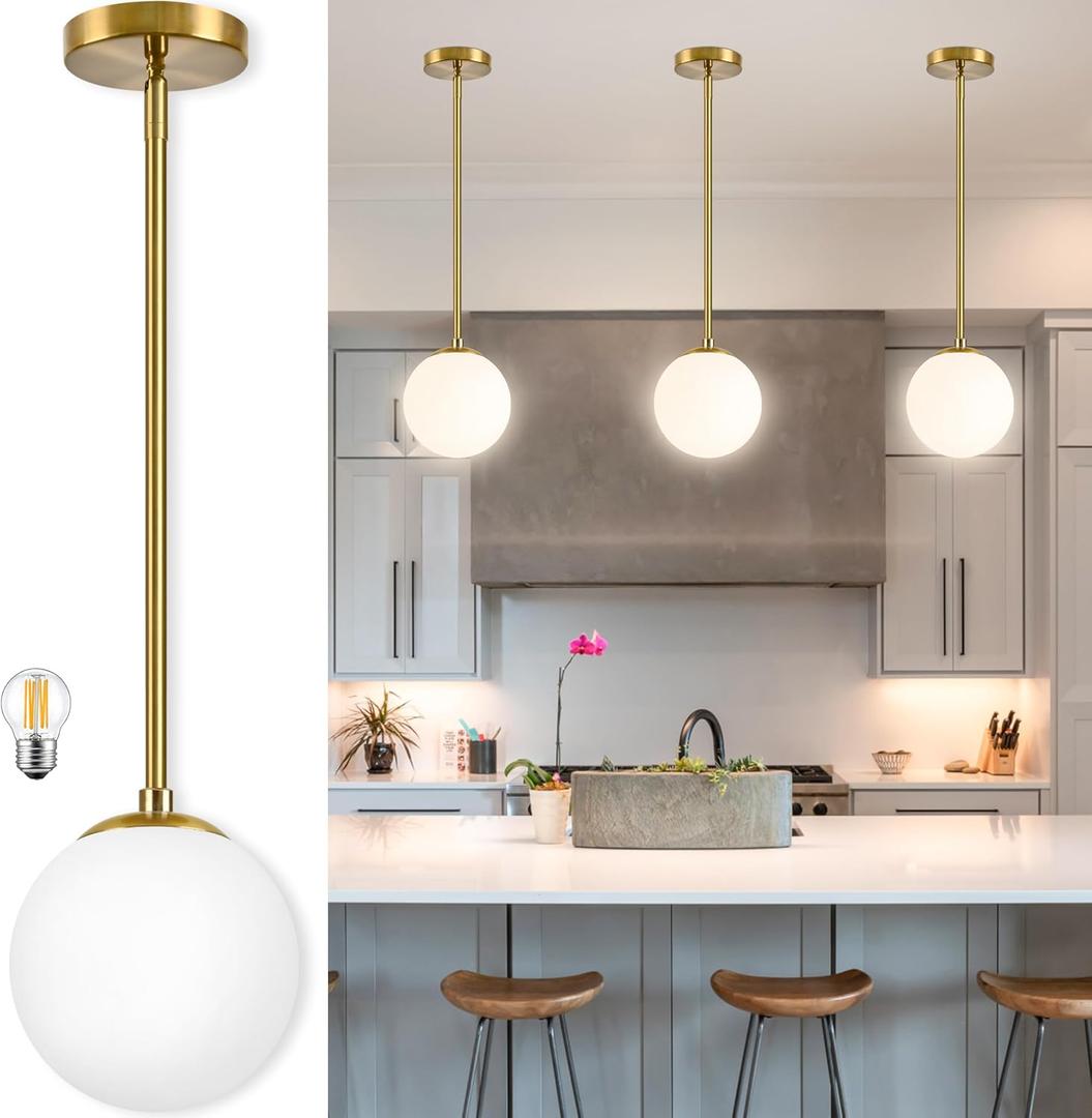 6" Globe Pendant Light Gold Mid Century Pendant Light Globe Pendant Lights Kitchen Island Brushed Brass Finished with Milk Glass Lampshade Adjustable Ceiling Light Fixtures for Kitchen