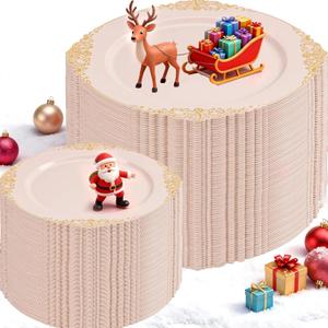 200PCS Pink and Gold Plates - Pink Plastic Plates - Fancy Disposable Plate with Gold Rim - Vintage Wedding Dinner & Dessert Plate for 100 Guests for Wedding & Party & Bridal Shower