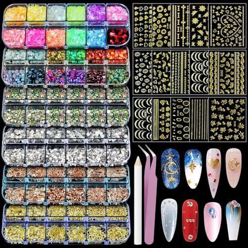 Artdone Nail Art Studs Kit, 6 boxes Multicolor And Design 3D Charms Pearls With 15 Sheets Gold Nail Stickers, Diamond Cute Nail Jewels For DIY Decoration with Pickup Tools
