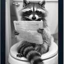 Cute Raccoon Wall Decor Animal Bathroom Wall Art Black and White Raccoon on Toilet Canvas Picture Print Farmhouse Framed Cute Painting Restroom Decoration Ready to Hang (16"L x 12"W, JK0303)