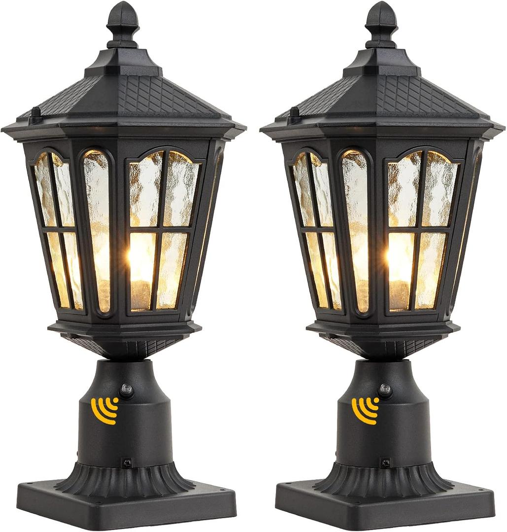 Dusk to Dawn Post Light Outdoor 2 Pack, 17''H Outdoor Lamp Post Light with Pier Mount Adapter,Waterproof IP65 Classic Die Cast Aluminum with Water Ripple Glass, Matte Black