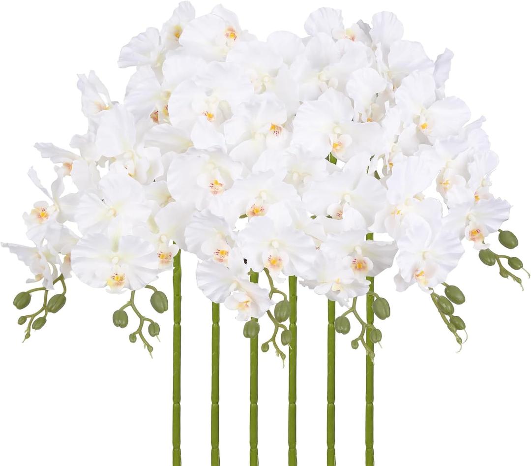 White Orchid Artificial Flowers, 6PCS Artificial Phalaenopsis Flowers 38" Fake Orchid Stems for Wedding Party Office Home Décor (White)