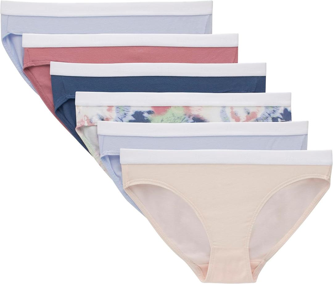 Hanes Girls' Originals Bikini Underwear, Stretch Bikini Panties For Girls', 6-Pack (12, Blush Pink, Periwinkle, Tie-dye Print, Navy, Mauve)