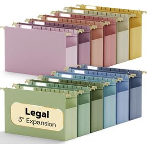 Plastic Hanging File Folders Legal Size,Heavy Duty 3" Expandable Legal Folders for Filing Cabinet,12 Pack Sturdy Extra Capacity Hang Folder with Tabs,Pastel Hanging File Organizer for File Box