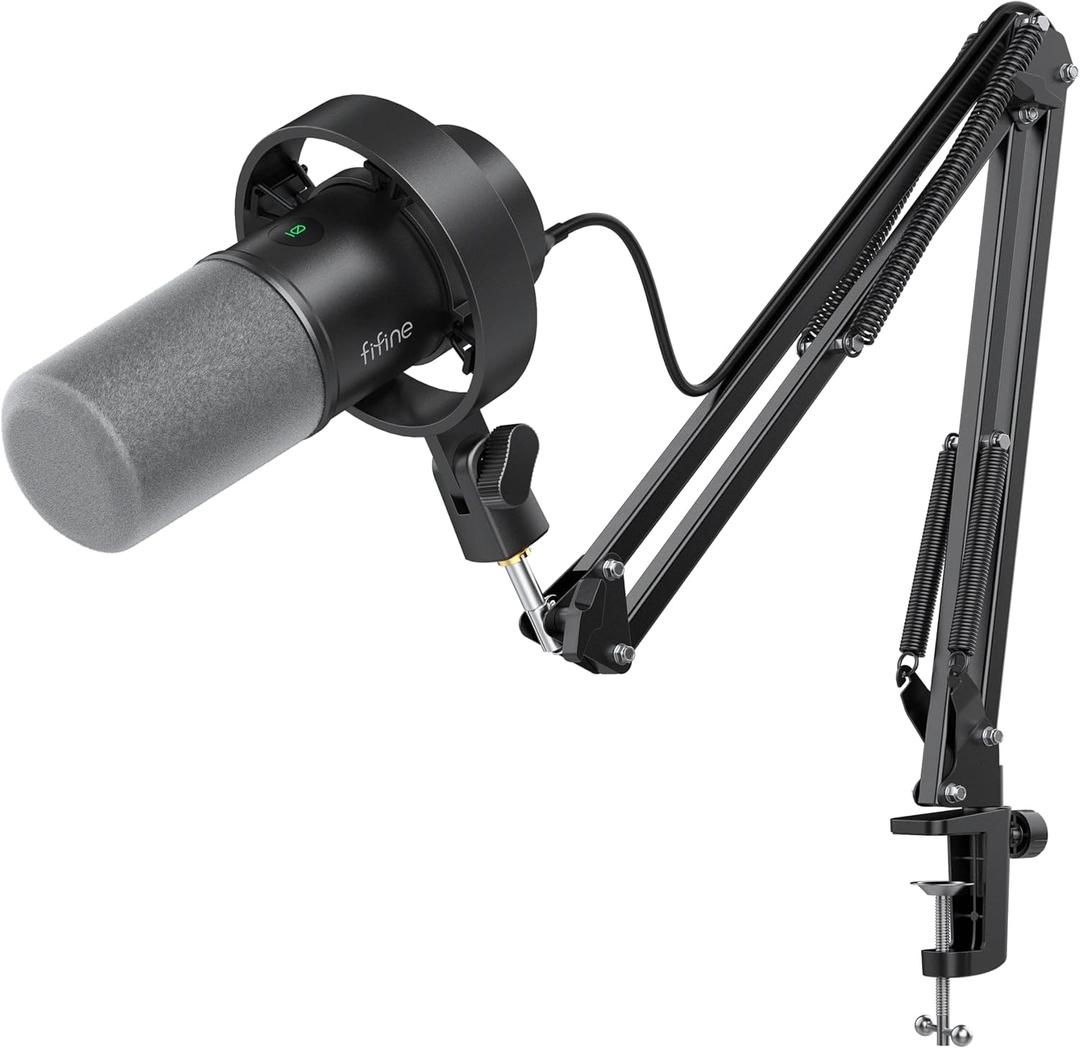 FIFINE K688 Podcast Microphone Kit, USB/XLR Dynamic Microphone with Boom Arm for PC/XLR Mixer, Gaming Mic with Mute Button, Headphone Jack for Vocal, Voice-Over, Streaming, Music Recording -K688CT (Black)