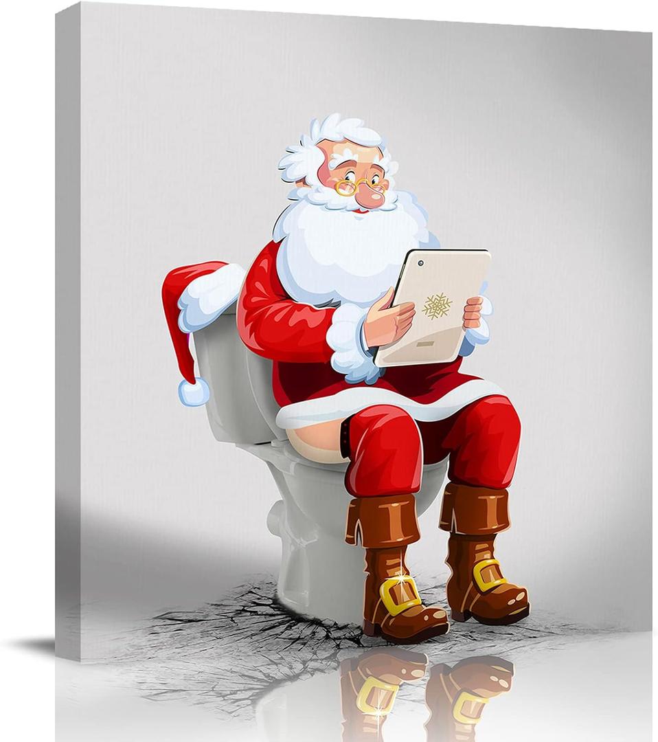 Christmas Canvas Wall Art Funny Santa Claus Sitting on Toilet,Oil Painting Prints Artworks Picture Stretched and Framed, Watercolor Red Clothe Xmas Wall Decor for Living Room/Bedroom/Kitchen/Bathroom