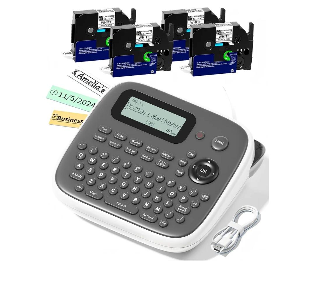 D210s Label Maker Machine with 4 Tapes, Label Maker Waterproof-Labels Bundle, Labeler Machine with Tapes 12mm 0.47 Laminated White, Inkless Labeling Machine for Office & School Supplies
