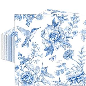 50 Count Blue White Floral Paper Napkins, Disposable Elegant Cocktail Napkins with Hummingbird and Flower Design for Wedding, Bridal Shower, Baby Shower, Birthday, Tea Party, Garden Table Decorations