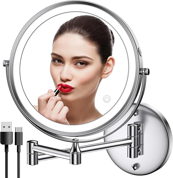 Rechargeable Wall Mounted Lighted Makeup Mirror, 8 Inch Double-Sided LED Vanity Mirror 1X/10X Magnification,3 Color Lights Touch Screen Dimmable 360°Swivel 13 Inch Extendable