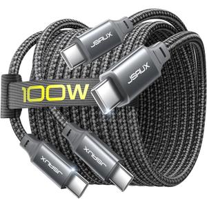 JSAUX 100W USB C Cable [2-Pack 6.6FT], Type C Fast Charging Cord for iPhone 17e/iPhone 17/iPhone Air/iPhone 17 Pro/iPhone 17 Pro Max, iPhone 16/15 Series, Galaxy S/Note, MacBook Pro Air, iPad - Grey