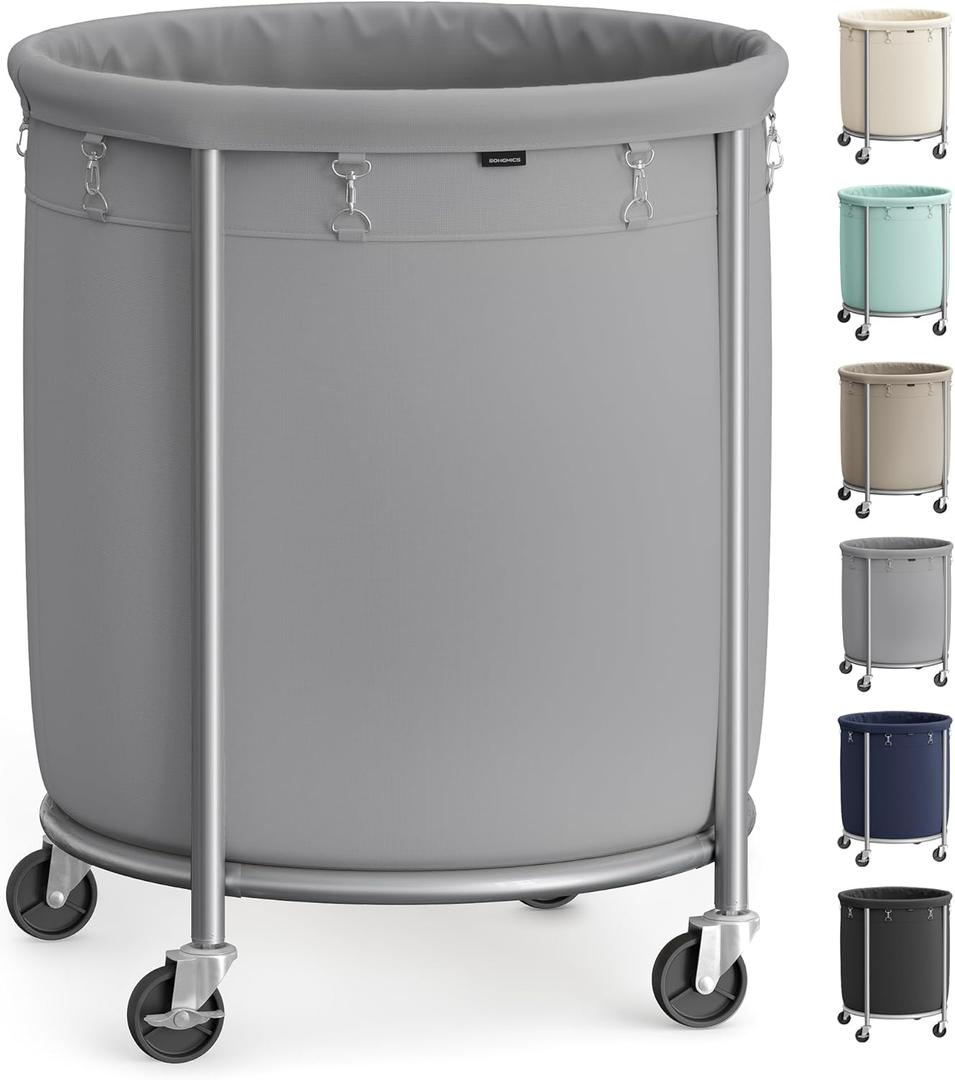 SONGMICS 50.2-Gallon (190 L) Laundry Basket with Wheels, Rolling Round Heavy-Duty Laundry Hamper Cart with Steel Frame and Removable Bag, 2 Locking Wheels, Gray and Metallic Silver URLS001G01