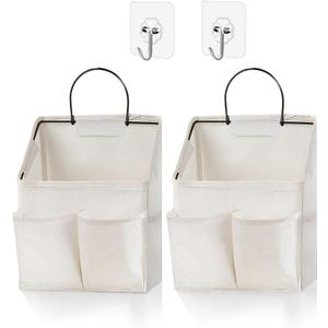 2 Pack Wall Hanging Storage Basket,Wall Hanging Organizer Bags with Pockets, Wall organizer Storage for Dormitory Bathroom Bedroom Kitchen(White-upgraded)