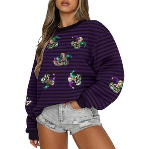 ASTANFY Womens Mardi Gras Sweatshirt Carnival Sequin Purple Sweater Masks Graphic Shirt Crewneck Long Sleeve Tops, Small