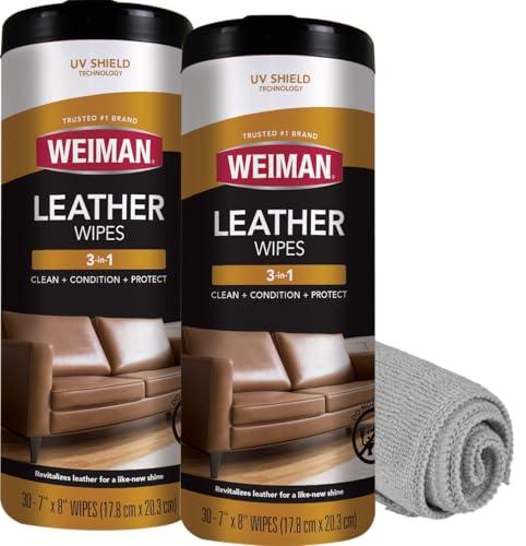 Weiman Leather Cleaner Wipes - Clean Condition UV Protection Help Prevent Cracking or Fading of Furniture, Car Interior, Couch, and Shoes, 2 Pack with Microfiber Cloth