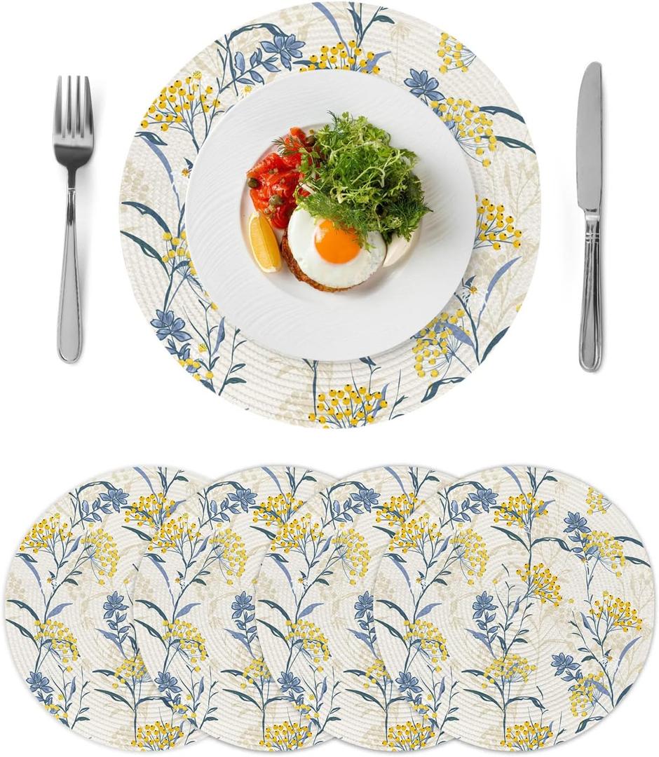 Spring Round Braided Placemats Set of 4 Vintage Floral Plant Washable Round Woven Table Mats for Kitchen Dining Table, Heat-Resistant Place Mats 15inch for Indoor Outdoor Parties, Yellow Blue