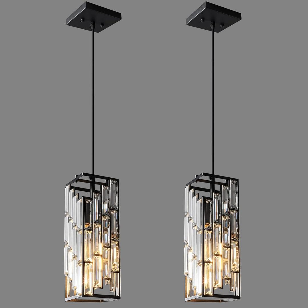 FDPBY Black Pendant Lighting Modern Pendant Light, Mini Crystal Chandeliers, Adjustable Pendant Light Fixture for Kitchen Island Dinning Room Bedroom (2 Pack)