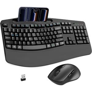 Wireless Keyboard and Mouse Combo, 2.4G Full Size Wave Keys Ergonomic Keyboard with Wrist Rest, Phone Holder, 3Level DPI Wireless Silent Mouse with 6Buttons, for Windows, Mac OS, Laptop, PC (Black)