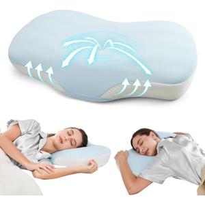 JOYENERGY Ergonomic Cervical Pillow, Contour Design for Side & Back Sleepers, Memory Foam Orthopedic Cervical Shape Gently Cradles Head & Provides Neck Support & Shoulder Pain Relief (Blue)