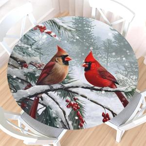 Christmas Red Bird Round Fitted Tablecloth with Elastic Edge,Water-Resistant Wipeable Winter Xmas Cardinal Bird Berry Table Cover for 40-44" Stretch Table Cloth for Dinner Indoor Outdoor Party