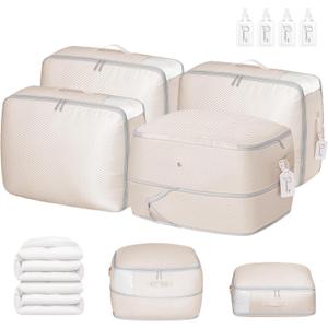 DIMJ Comforter Storage Bag 4 Pack - Blanket Storage Organizer Compression Bags, Large Capacity Ultra Space Saving Self Compression Organize for Bedding, Pillow, Duvet, Sheet Storage with Zipper Window (Beige)