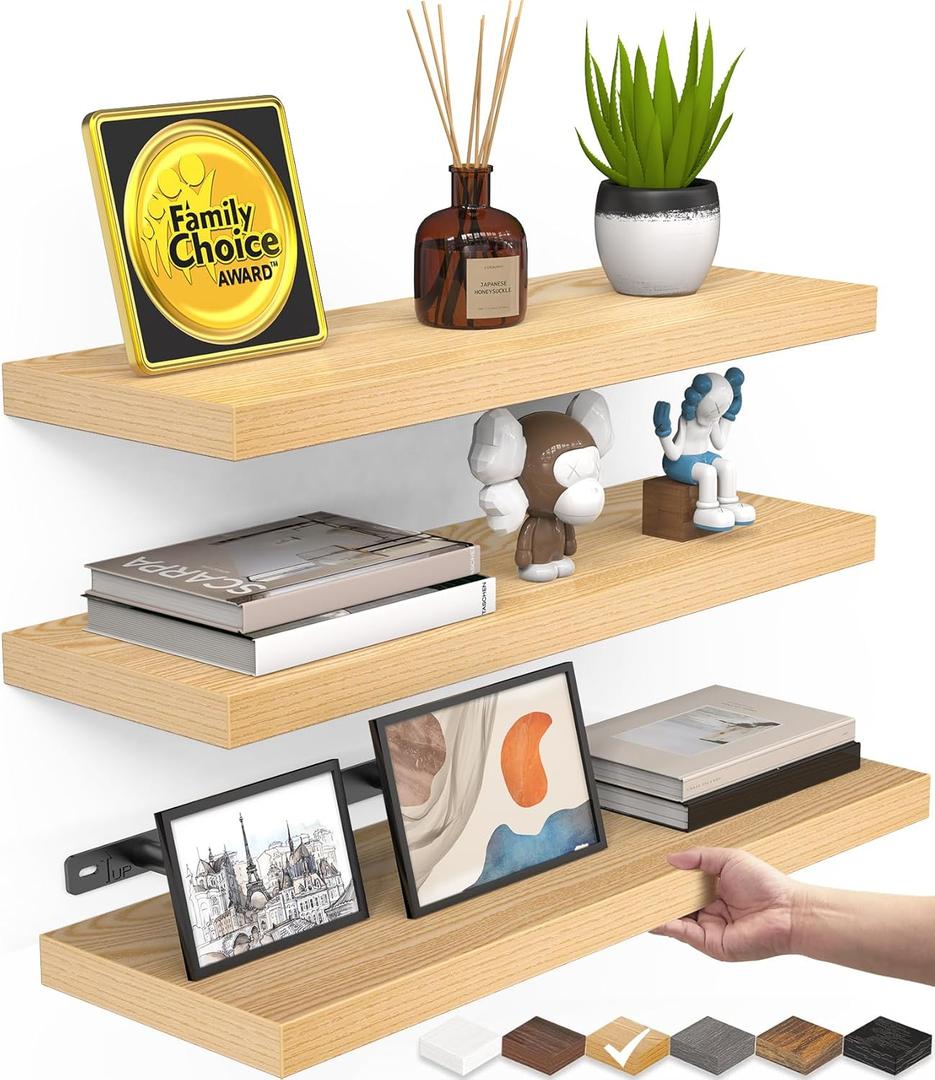 BAYKA Floating Shelves for Wall, Wall Mounted Rustic Wood Shelves for Bathroom, Bedroom, Living Room, Kitchen, Small Hanging Shelf for Books/ Storage/ Room Decor (Light Oak-Toned, Set of 3, 15.7in)