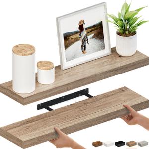 Ballucci Floating Shelves, 24" Wood Wall Shelf Set of 2, with Invisible Brackets for Bathroom, Living Room, Bedroom, Kitchen, Nursery, 6" Deep, Natural Oak
