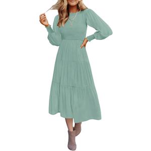 ZESICA Women's Casual Long Sleeve Crew Neck High Waist Smocked Flowy Tiered Midi Dress (XL, Sage)