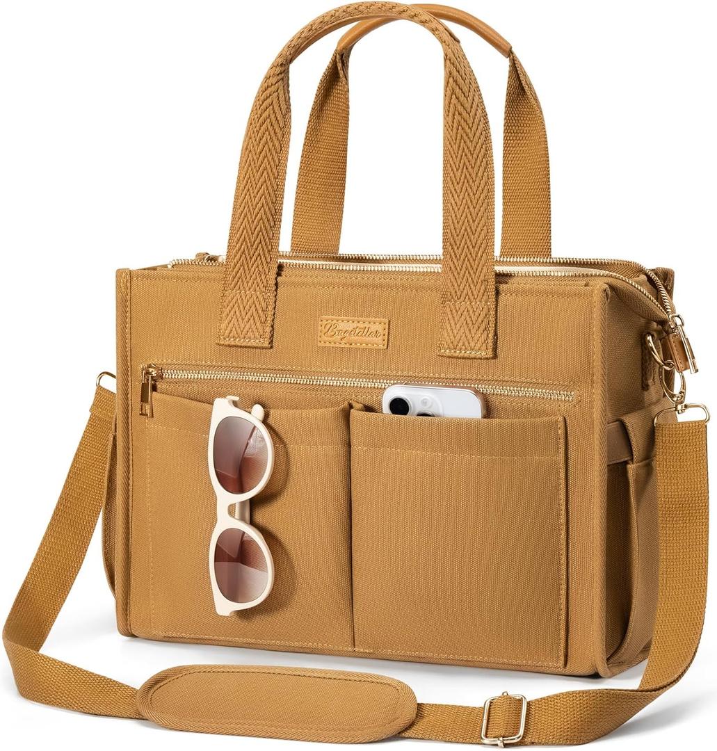 Canvas Tote Bag for Women, 15-Pockets Work Laptop Tote Purse Large Crossbody Nurse Teacher Bible Bag for School Travel Daily | with Strap & Zipper, Multi Compartment, Stand Upright Stably, College Shoulder Bag, Clinical Nursing Bag, Mothers Day Gifts