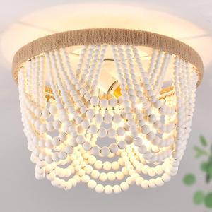 Capslpad Wood Beaded Flush Mount Ceiling Light Antique Rustic Mini Chandelier 3-Light White Boho Light Fixture for Dining Room, Nursery Room, Bedroom, Girl Room, Hallway, Entryway, Passway
