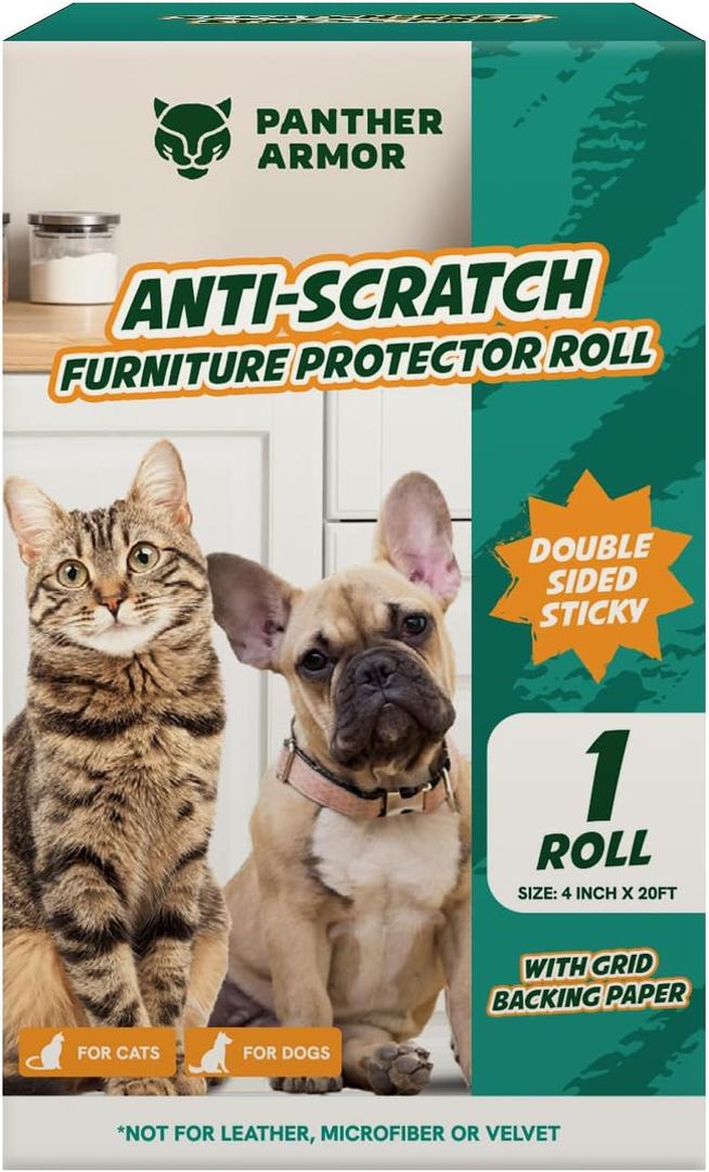 1 Roll Cat Scratch Furniture Protector Tape  Double-Sided Sticky Training (4" x 20ft)  Anti-Scratch Sofa & Couch Guard  Clear, Easy to Apply & Remove  Not for Leather, Velvet, Microfiber