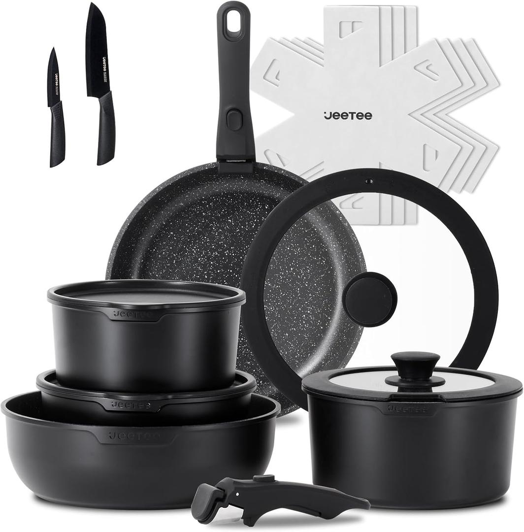 JEETEE Pots and Pans Set Non Stick 17pcs, Kitchen Cookware Sets with Detachable Handle, Induction Nonstick Cookware Set with Removable Handle, Stackable RV Cookware, Oven Safe, PFAS/PFOA Free, Black