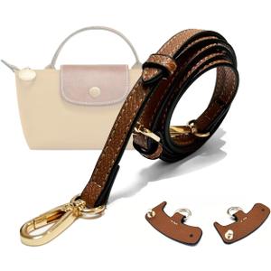Upgraded Bag Strap Fits Longchamp Mini Bag, Adjustable Leather Strap Conversion Kit for Le Pliage XS Pouch (Brown-Gold)