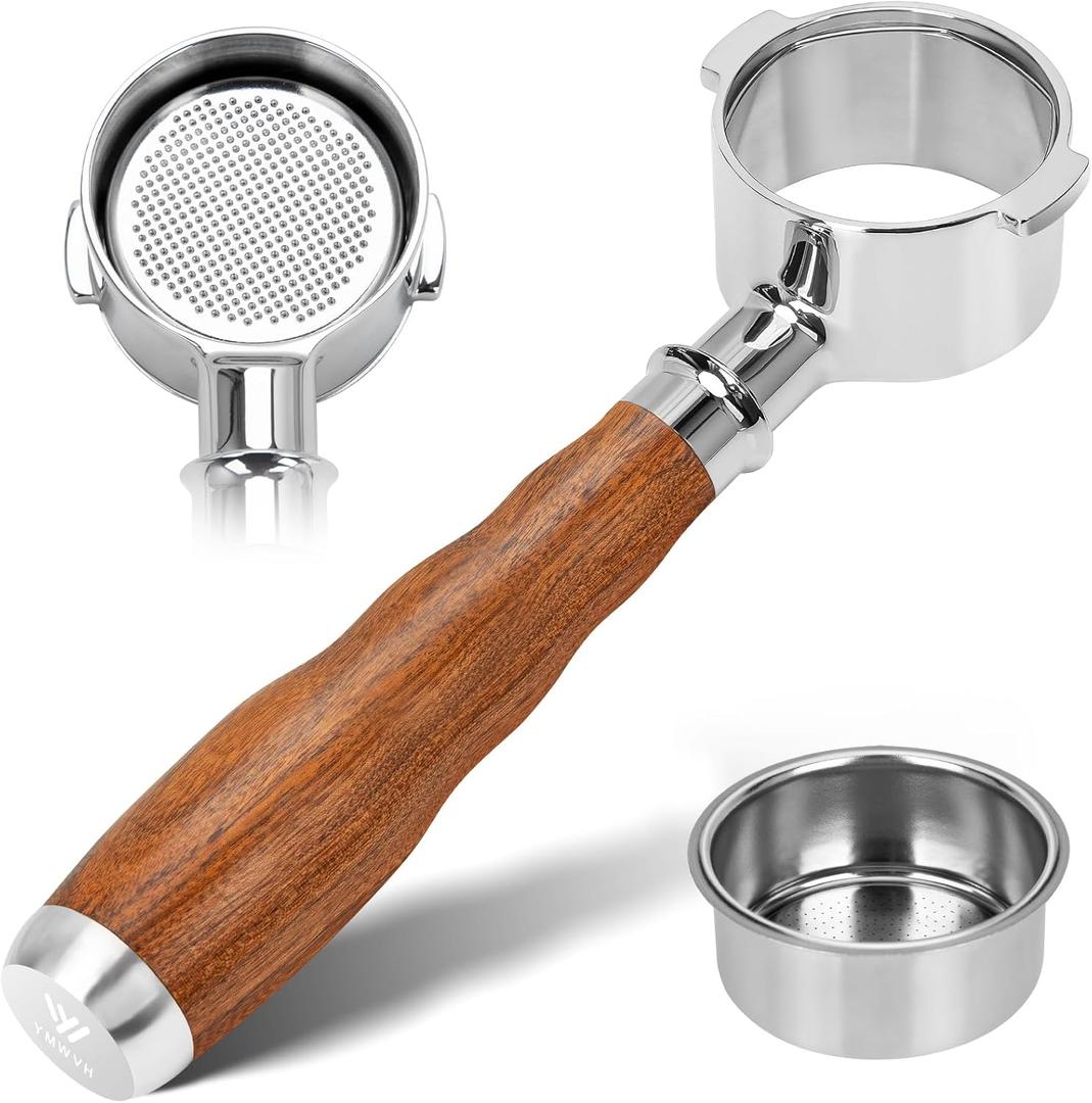 51mm Bottomless Portafilter 2 Ears with 1 Filter Baskets(Double Shots) for De-longhi Stilosa ECP3420/EC155/BCO430/EC260,100% Stainless Steel Portafilter and Walnut Handle