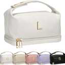 Bridal Gifts, Travel Makeup Bag, Personalized Double Layer Cosmetic Toiletry Bag White Makeup PU Bag Letter Bride Purse Waterproof Portable Zipper Wedding Bridesmaid Gift