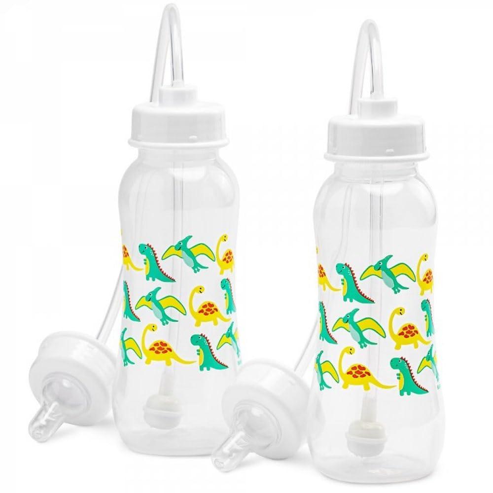Hands-Free Baby Bottle - Anti-Colic Nursing System 9 oz Baby Bottle with Fast Flow Nipple/Teat 3m+ with Tube Straw Feeding System for Toddler (2 Bottles - Dinosaur)